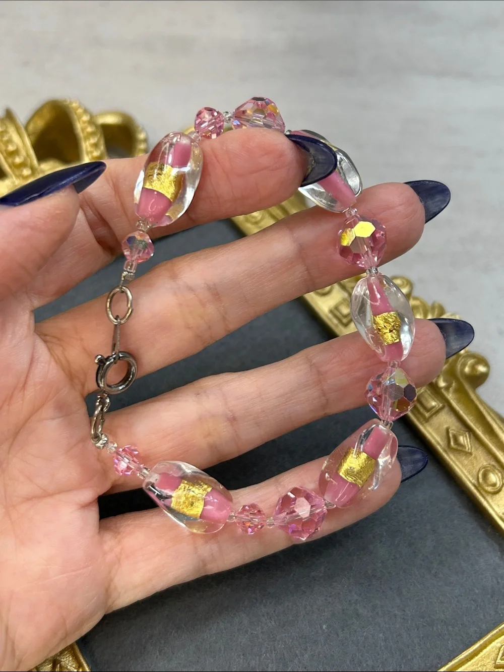 Handmade Pink Glass & Crystal Bead Bracelet with Gold Accents